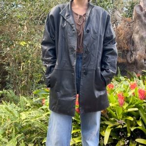 long vintage leather jacket button up size medium